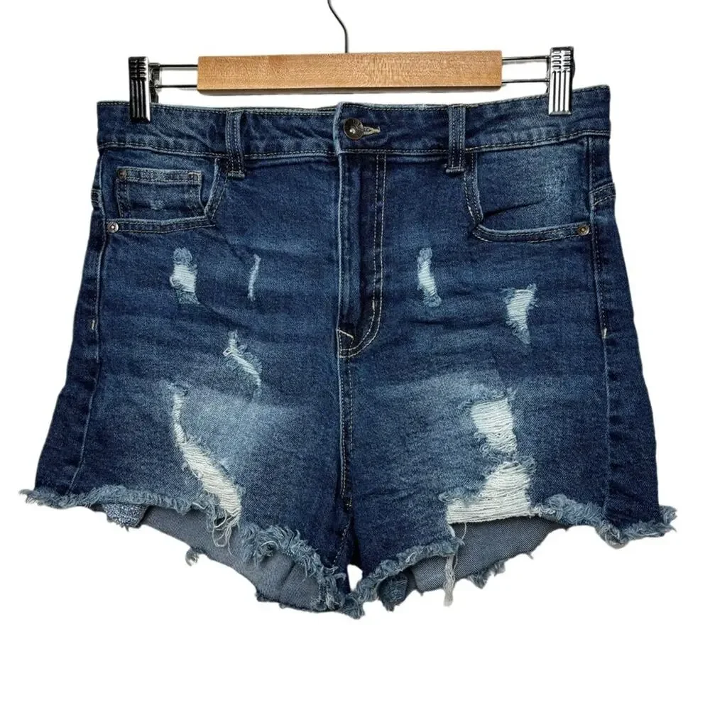 ARIYA Shorts Women's 11/30 Curvy High Rise Distressed Cut Offs Med Blue